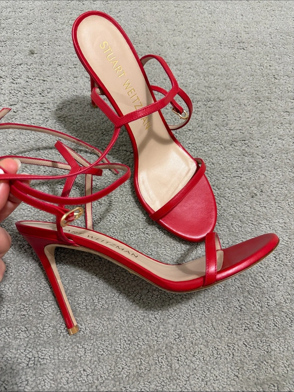 Stuart Weitzman RED leather Ankle-Strap Stiletto Sandals Barelynude 100 wrap 10🔥